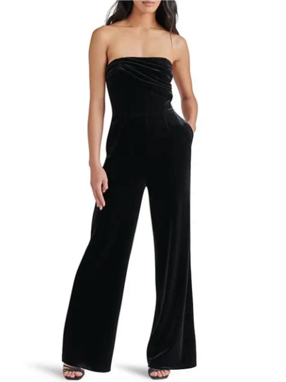 Steve Madden Black Swanilda Strapless Velvet Wide Leg Jumpsuit Size XS